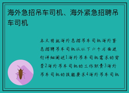 海外急招吊车司机、海外紧急招聘吊车司机